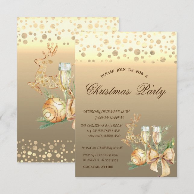 Gold Dots Christmas Balls,Reindeer Christmas Party Invitation (Front/Back)