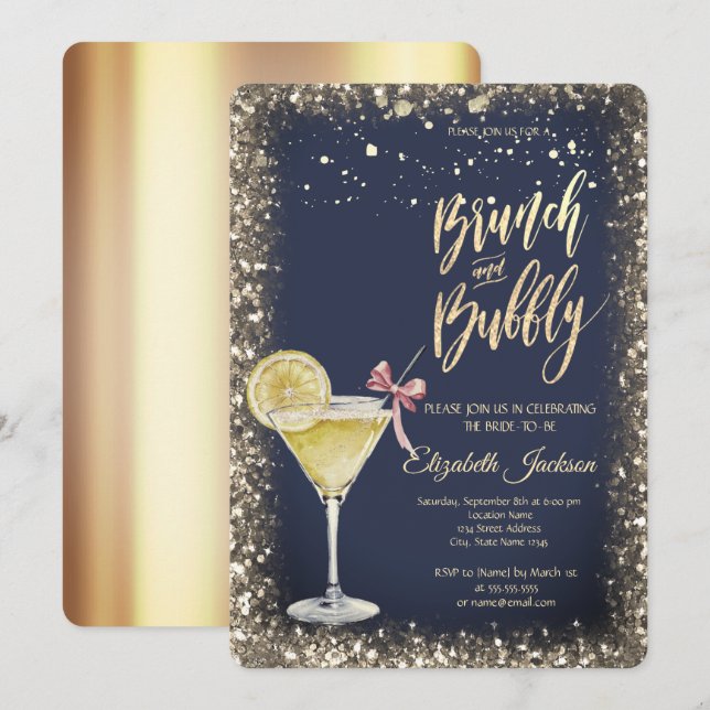 Gold Dots Cocktail Glass Lemon Bridal Shower Invitation (Front/Back)