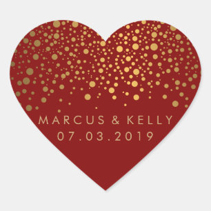 Gold Dots Confetti on Maroon   Wedding Heart Sticker