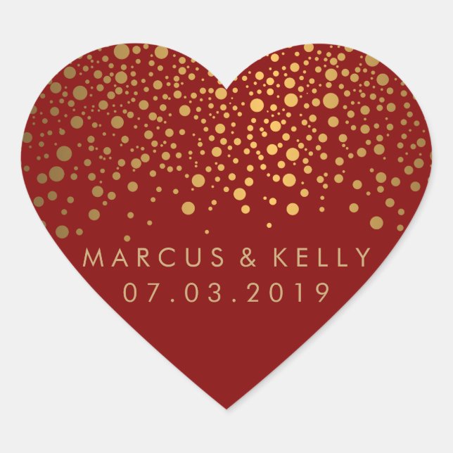 Gold Dots Confetti on Maroon | Wedding Heart Sticker (Front)