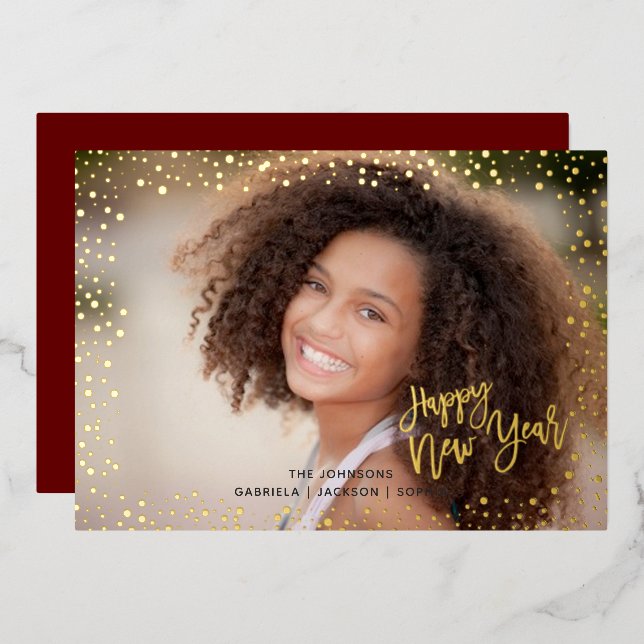 Gold dots happy new year real Foil Holiday Card (Front/Back)