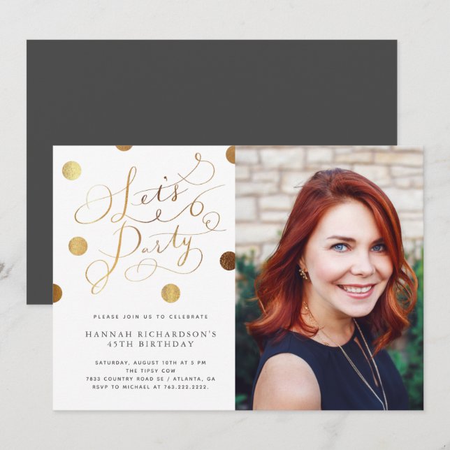 Gold Dots Let's Party Adult Birthday Photo Invitation (Front/Back)
