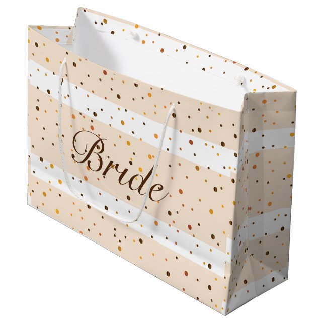 Gold dots pattern beige stripes large gift bag (Front Angled)