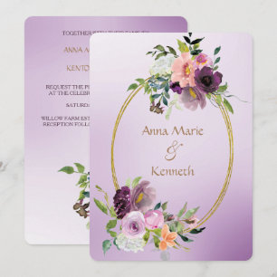 Gold Double Frame Purple Violet Floral Wedding Invitation