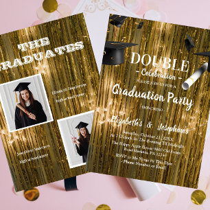 Gold Double Graduation Two Photo Graduates Invitation
