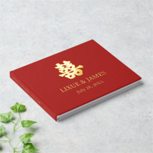 Gold Double Happiness Chinese calligraphy asian Guest Book