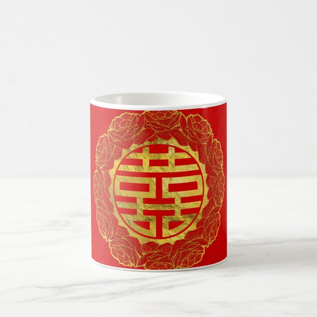 Gold Double Happiness Symbol in Peony Frame Coffee Mug (Center)