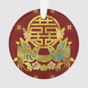 Gold Double Happiness Symbol with  birds Ornament