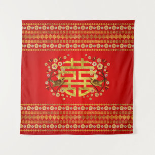 Gold Double Happiness Symbol with flowers and bird Tapestry