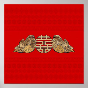 Gold Double Happiness Symbol with Mandarin Ducks Poster