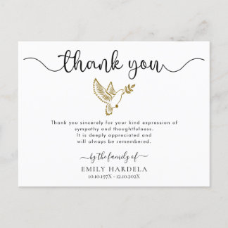Gold Dove Funeral Simple Script Thank You Card