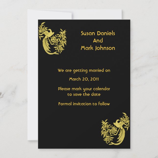 Gold Doves On Black Wedding Save The Date (Front)