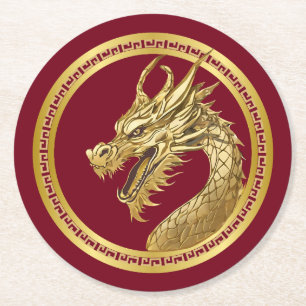Gold Dragon-2024 Chinese New Years-Red and Gold- Round Paper Coaster