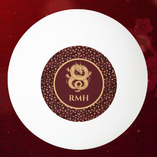 Gold Dragon and Medieval Stars and Moon on Maroon Ping Pong Ball