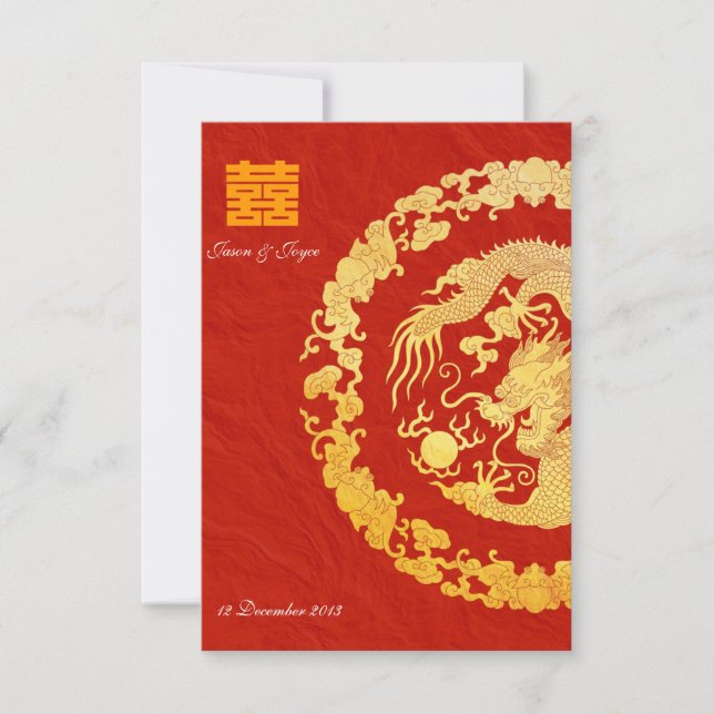 Gold dragon classic double happiness wedding RSVP (Front)