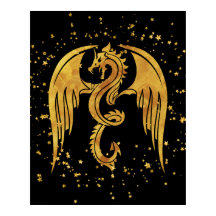Gold Dragon In The Stars Poster on Black Backdrop