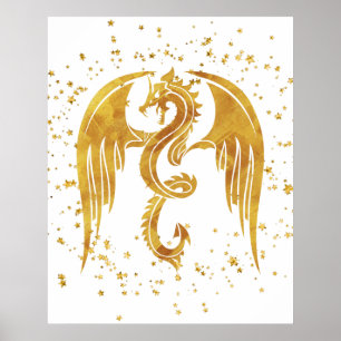 Gold Dragon In The Stars Poster on White Backdrop