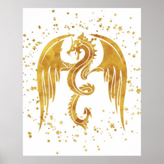 Gold Dragon In The Stars Poster on White Backdrop