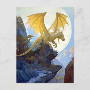 Gold Dragon On A Cliff Fantasy Art Postcard