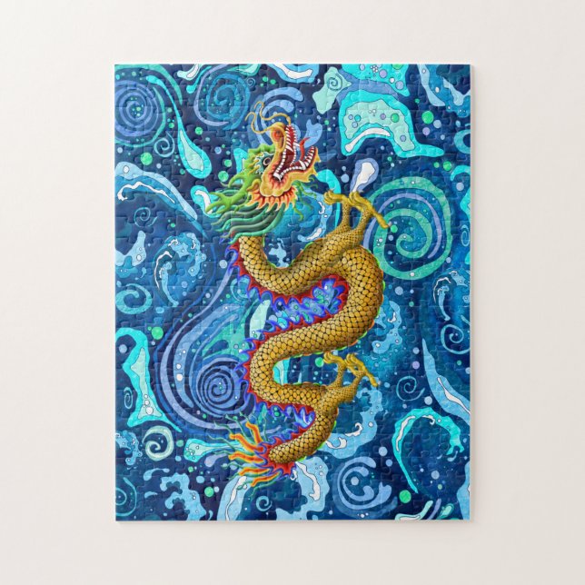 Gold Dragon on Blue Waves Jigsaw Puzzle (Vertical)