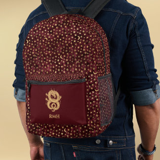 Gold Dragon on Burgundy with Stars Moon Monogram  Printed Backpack
