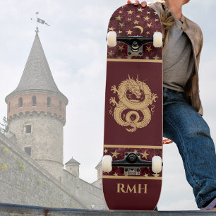 Gold Dragon on Burgundy with Stars Moon Monogram  Skateboard