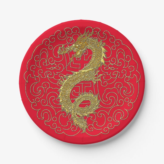 Gold Dragon on Chinese Traditional Pattern Paper Plate (Front)