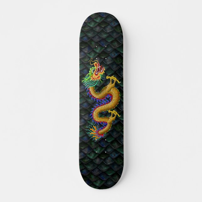 Gold Dragon on Green Dragon Scales Skateboard (Front)