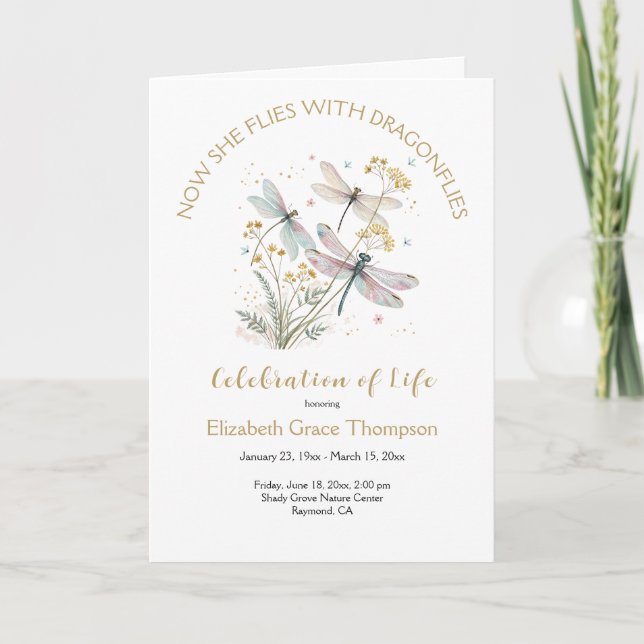 Gold Dragonfly Celebration of Life Funeral Program Programme (Front)