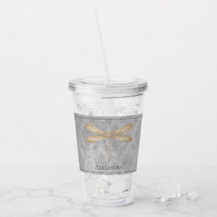 Gold Dragonfly Damask Acrylic Tumbler