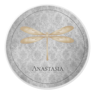 Gold Dragonfly Damask Ceramic Knob