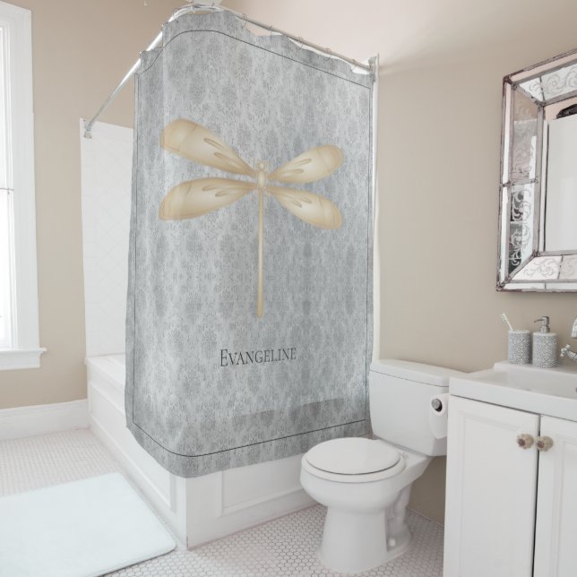 Gold Dragonfly Damask Shower Curtain (In Situ)