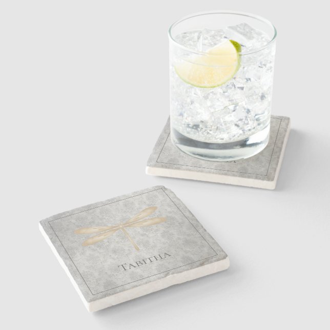 Gold Dragonfly Damask Stone Coaster (Side)