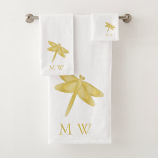Gold Dragonfly Design Monogrammed Bath Towel Set