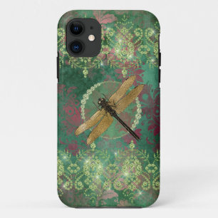 Gold Dragonfly on Green With Rhinestones iPhone 11 Case