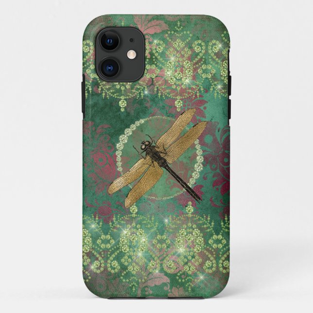 Gold Dragonfly on Green With Rhinestones Case-Mate iPhone Case (Back)