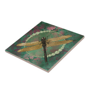 Gold Dragonfly on Green With Rhinestones Tile
