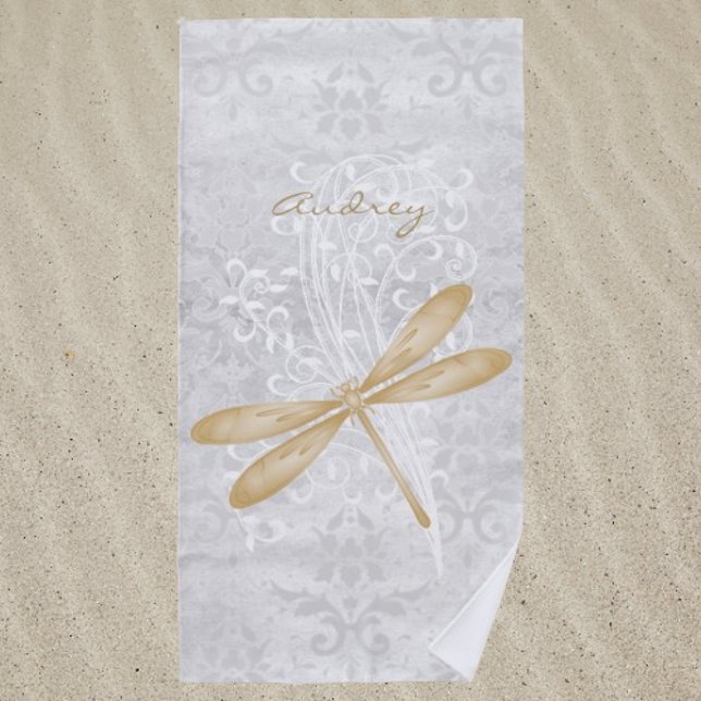Gold Dragonfly Personalised Beach Towel (Gold Dragonfly Personalized Beach Towel)