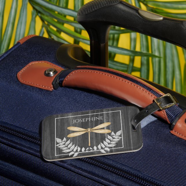 Gold Dragonfly Rustic Luggage Tag (Front Insitu 3)