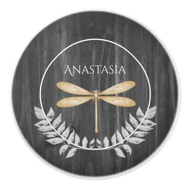 Gold Dragonfly Rustic Personalised Ceramic Knob (Front)