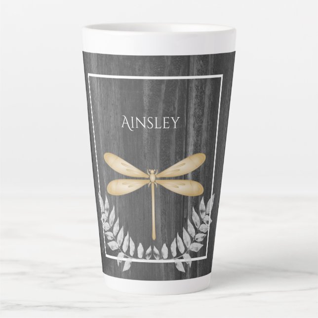 Gold Dragonfly Rustic Personalised Latte Mug (Front)