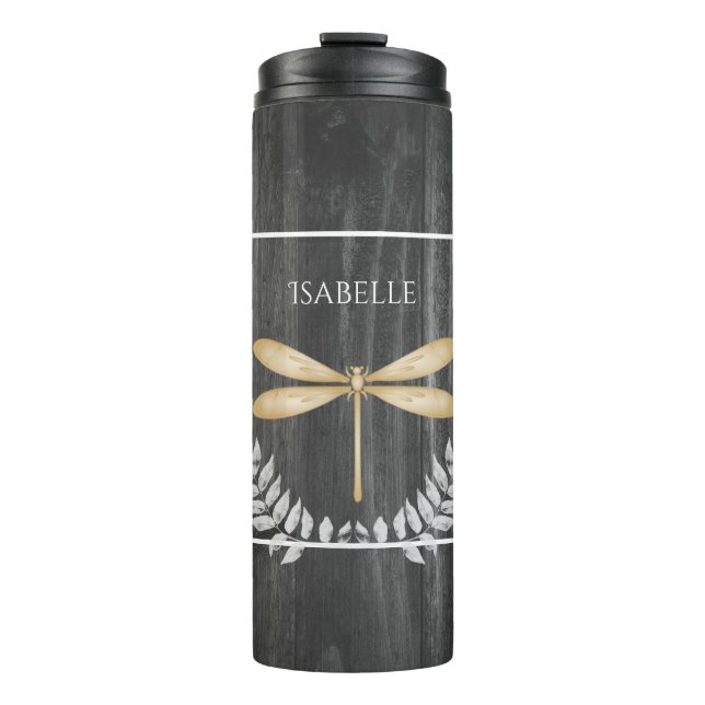 Gold Dragonfly Rustic Personalised Thermal Tumbler (Front)