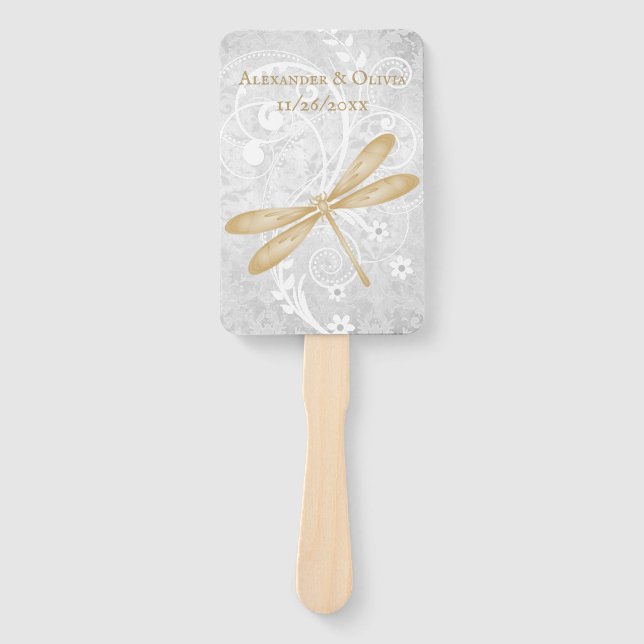 Gold Dragonfly Wedding Favour Hand Fan (Front)