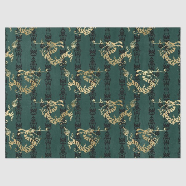Gold Dragons on Green Decoupage Tissue Paper (Front)