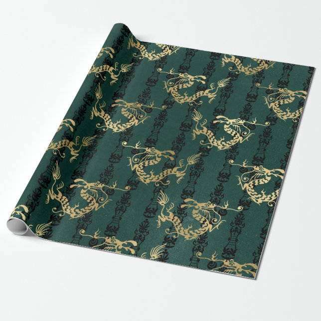 Gold Dragons on Green Wrapping Paper (Unrolled)