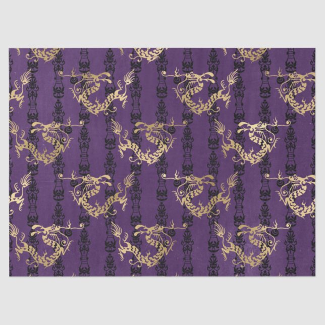 Gold Dragons on Purple Decoupage Tissue Paper (Front)