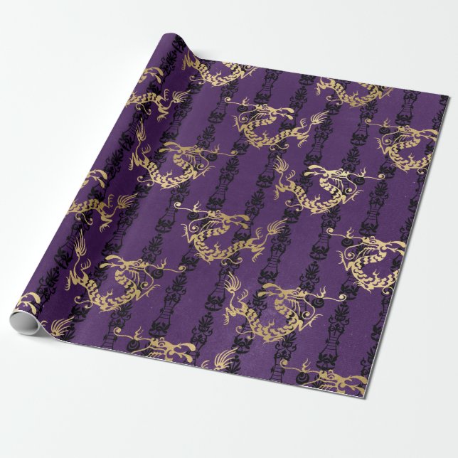 Gold Dragons on Purple Wrapping Paper (Unrolled)