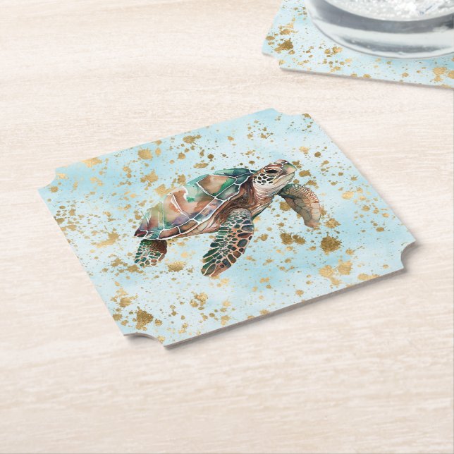 Gold Dream Sea Turtle Paper Coaster (Angled)