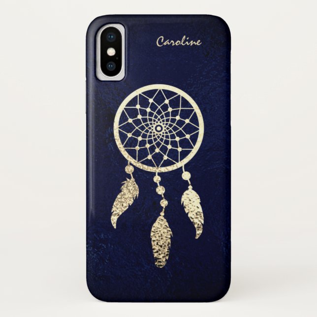 Gold Dreamcatcher on dark Blue Monogram Case-Mate iPhone Case (Back)