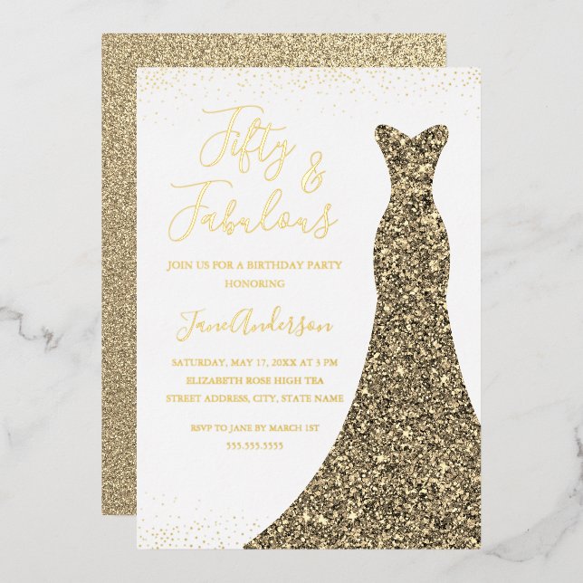  Gold Dress 50 & Fabulous Birthday Foil Foil Invit (Front/Back)
